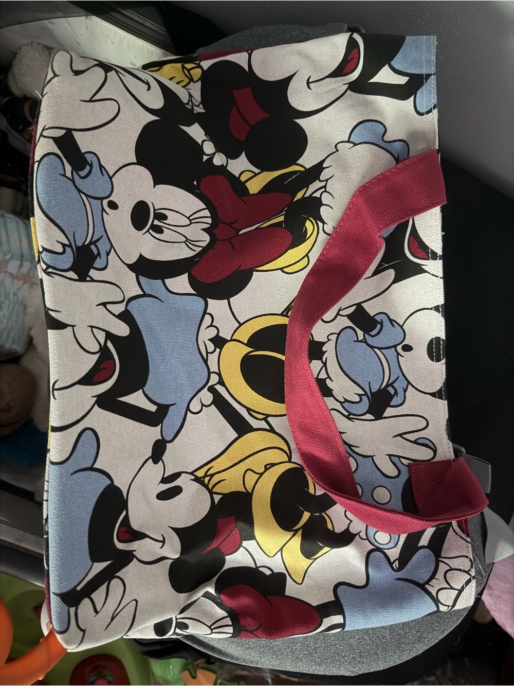 Disney Canvas Tote with Minnie Print and Maroon Handles